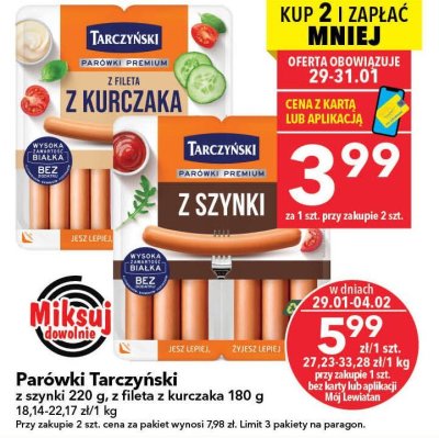 Parówki Tarczyński z fileta z kurczaka 180g promocja w LEWIATAN