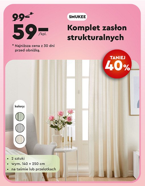 Zasłony strukturalne na taśmie 140 x 250 cm Smukee promocja