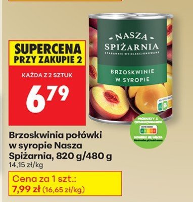 Brzoskwinia połówki w syropie Nasza Spiżarnia, 820 g/480 g promocja w Biedronka