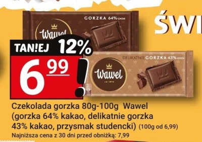 Czekolada gorzka 80g-100g Wawel (gorzka 64% kakao, delikatesna gorzka 43% kakao, przysmak studencki) promocja w Hitpol