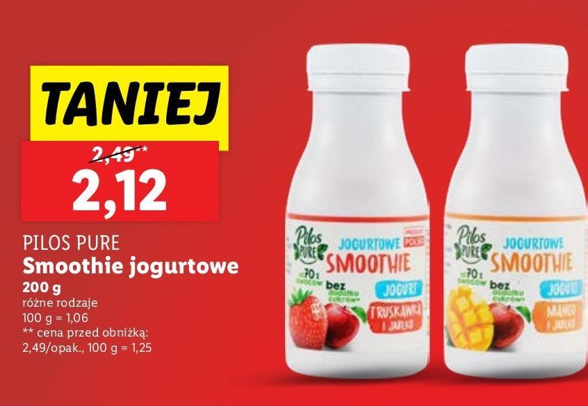 Jogurtowe smoothie truskawka i jabłko Pilos pure promocja w Lidl
