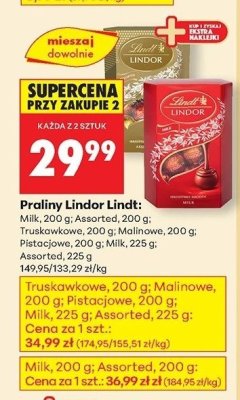 Praliny Lindor Lindt: Milk, 200 g; Assorted, 200 g; Truskawkowe, 200 g; Malinowe, 200 g; Pistacjowe, 200 g; Milk, 225 g; Assorted, 225 g promocja w Biedronka