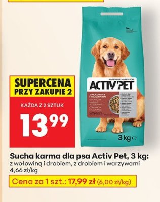 Sucha karma dla psa Activ Pet, 3 kg: z wołowiną i drobiem, z drobiem i warzywami promocja w Biedronka