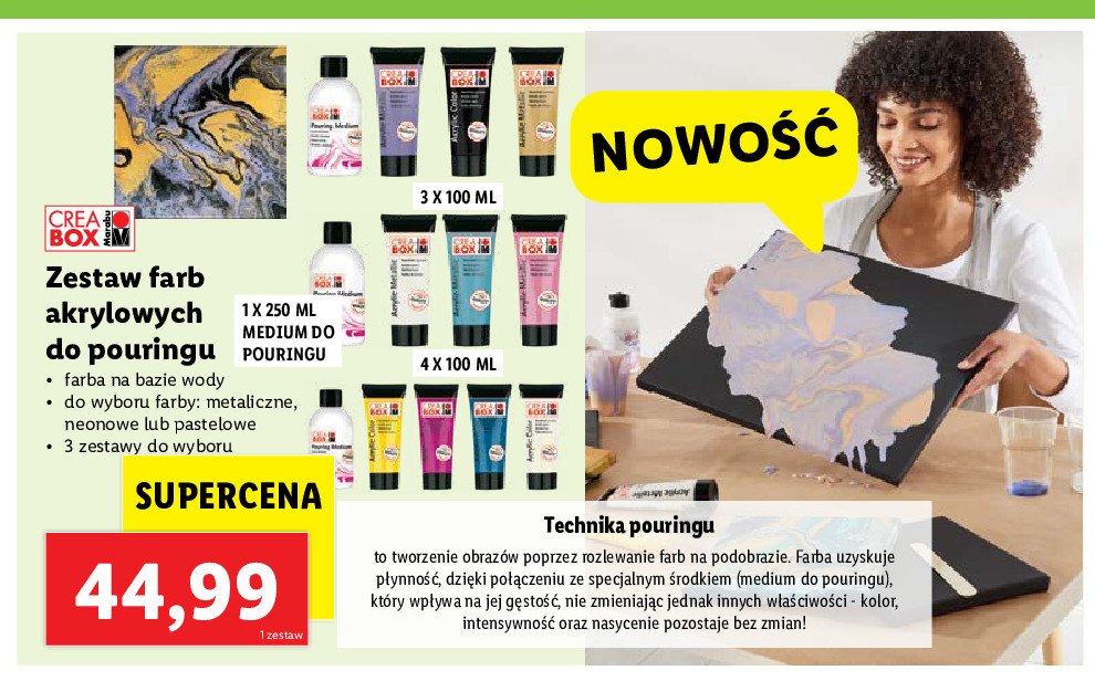 Farby akrylowe do pouringu metaliczne + medium 250 ml Crea box promocja