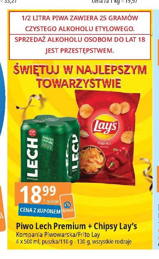 Piwo lech premium 4x 500 ml + lay's chipsy papryka 130 g Lech premium promocja
