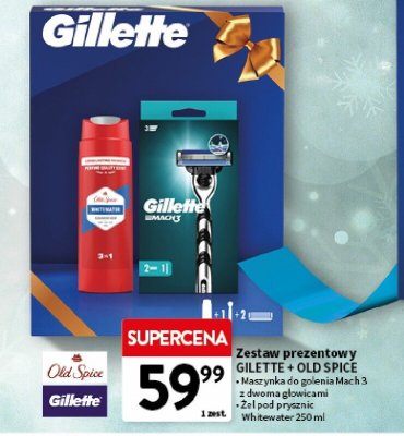 Zestaw prezentowy Gillette + Old Spice (maszynka do golenia Mach 3 + żel pod prysznic Whitewater 250 ml + 2 wkłady głowice) promocja w Intermarche