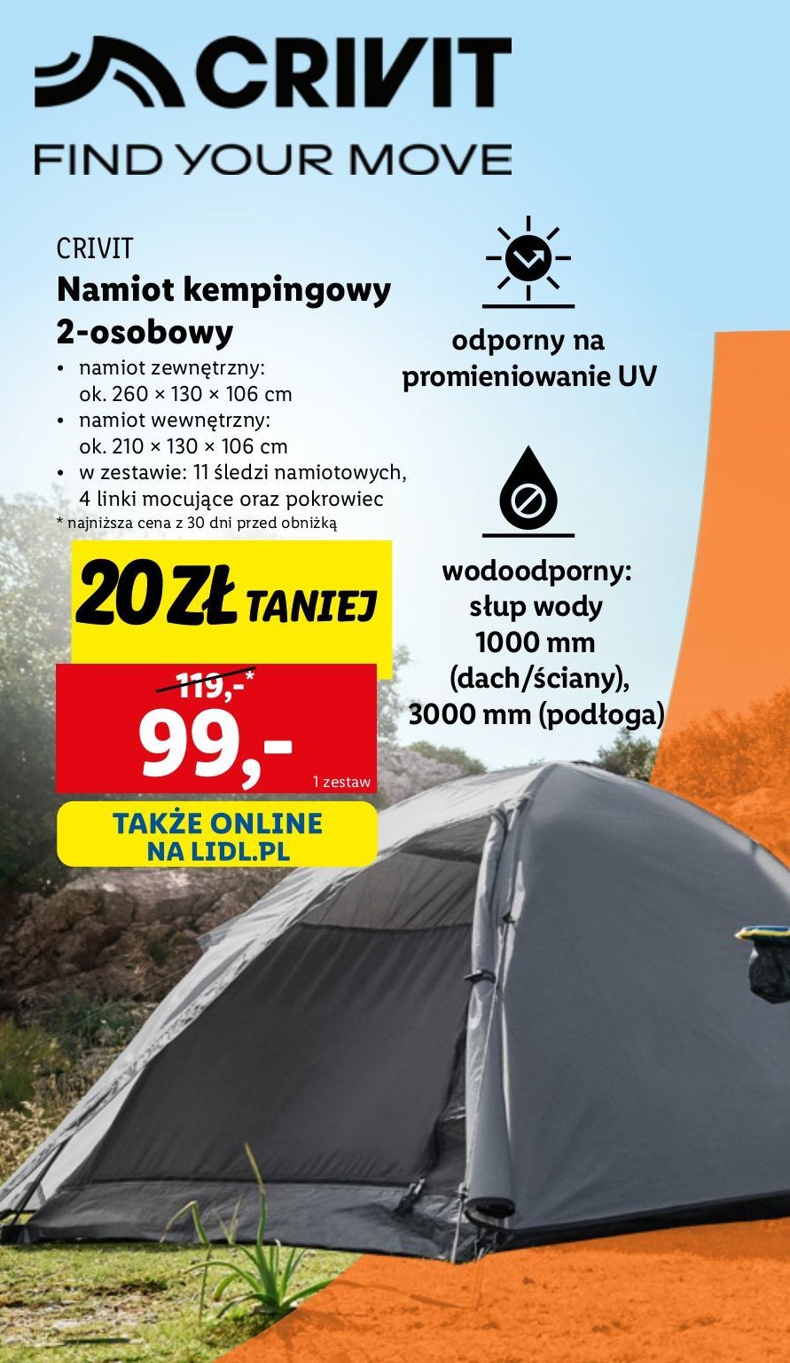 Namiot kempingowy 2-osobowy 125 x 105 x 205 cm Crivit promocja w Lidl