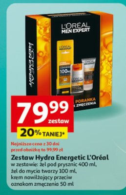 Zestaw Hydra Energetic L'Oréal żel pod prysznic 400 ml, żel do mycia twarzy 100 ml, krem nawilżający przeciw oznakom zmęczenia 50 ml promocja w Auchan