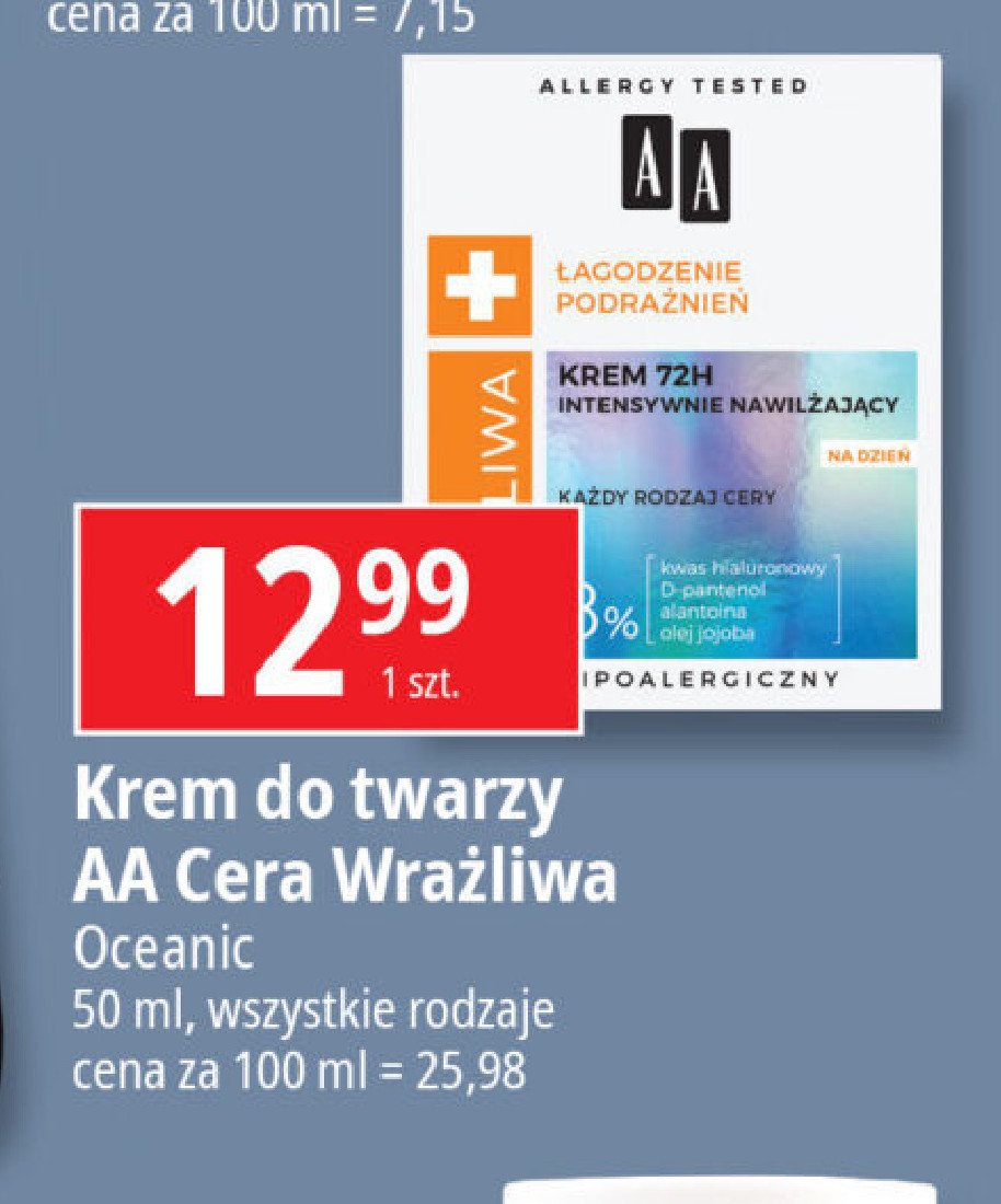 Krem intensywnie nawilżający 72h na dzień AA CERA WRAŻLIWA promocja