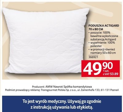 Poduszka Actigard 70 x 80 cm promocja w Selgros