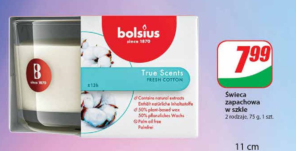 Świeca w szkle 50/80 fresh cotton Bolsius true scents promocja
