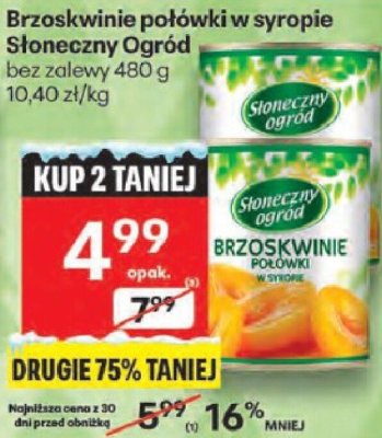 Brzoskwinie połówki w syropie Słoneczny Ogród bez zalewy promocja w Delikatesy Centrum