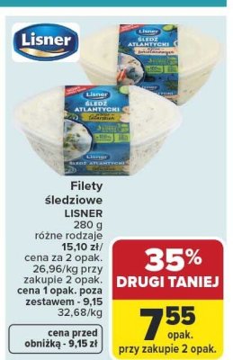 Filety śledziowe LISNER 280g różne rodzaje cena za 2 opak. przy zakupie 2 opak., cena 1 opak. poza zestawem - 9,15 zł promocja w Carrefour