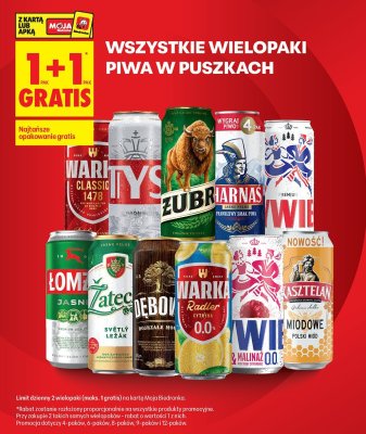Wszystkie wielopaki piwa w puszkach 1+1 GRATIS promocja w Biedronka