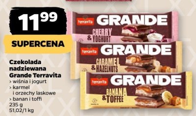 Czekolada nadziewana wiśnia i jogurt, orzechy laskowe i orzeszki laskowe banan i toffi Grande Terravita promocja w Netto