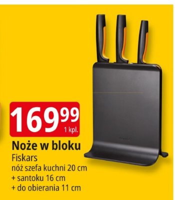 Noże w bloku Fiskars nóż szefa kuchni 20 cm + santoku 16 cm + do obierania 11 cm promocja w Leclerc