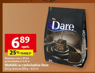 Wafelki w czekoladzie Dare 112 g, cena za 100 g = 6,15 zł promocja w Auchan