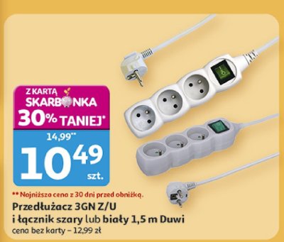 Przedłużacz 3GN Z/U łącznik szary lub biały 1,5 m Duwi promocja w Auchan