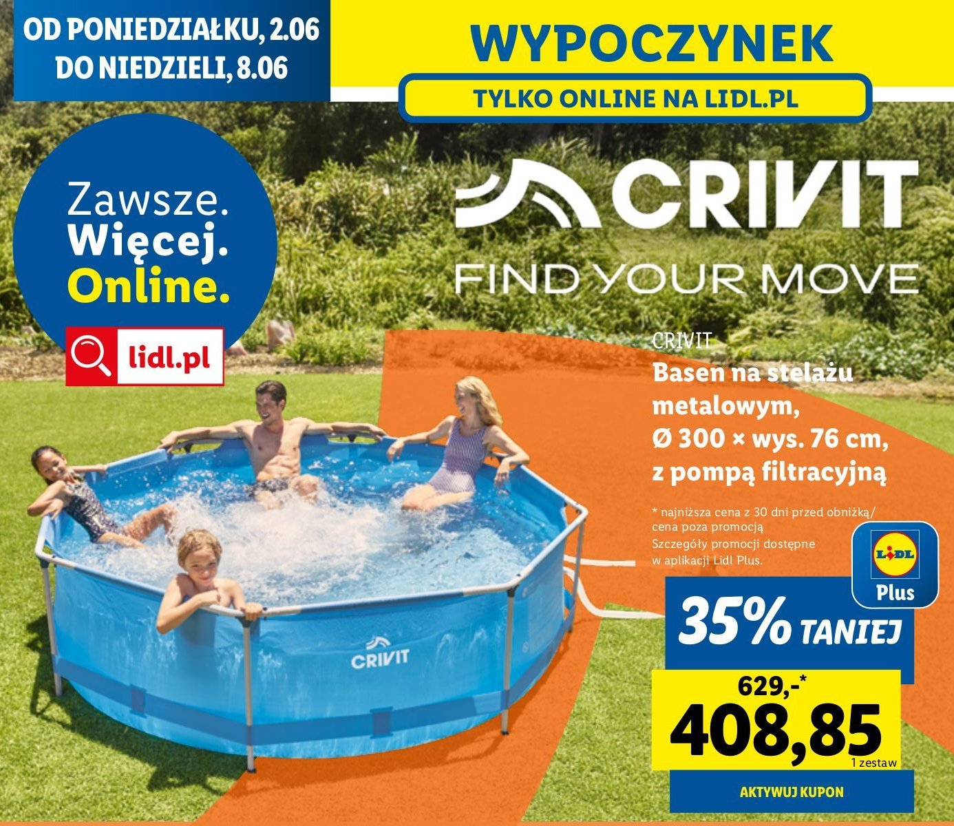 Basen stelażowy 300 x 76 cm Crivit promocja w Lidl