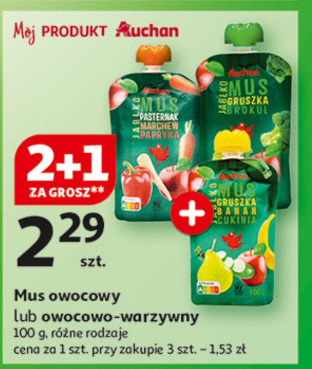 Mus jabłko gruszka banan cukinia Auchan różnorodne (logo czerwone) promocja w Auchan