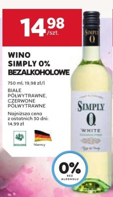 Wino SIMPLY 0% bezalkoholowe białe półwytrawne promocja w Stokrotka