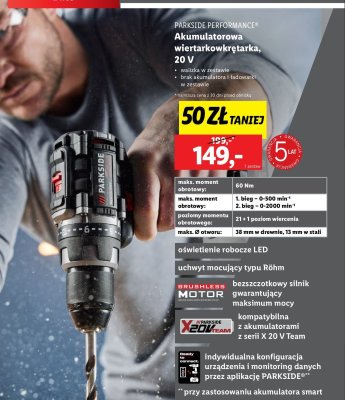 Wiertarko-wkr臋tarka akumulatorowa 20V Parkside (Lidl) promocja