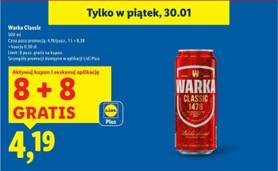 Piwo Warka Classic 8+8 GRATIS promocja w Lidl
