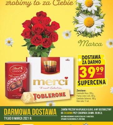 Zestaw: czekoladki merci 250 g + praliny lindt lindor 200 g + czekolada toblerone 100 g + róże cięte 11 szt promocja