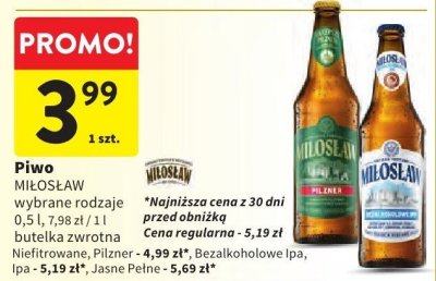 Piwo MIŁOSŁAW wybrane rodzaje butelka zwrotna promocja w Intermarche
