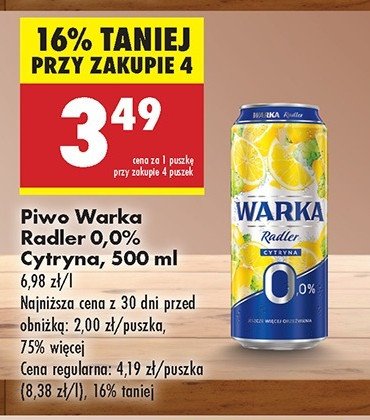 Piwo Warka Radler Lemon promocja w Biedronka