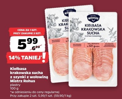Kiełbasa krakowska sucha z szynki z wołowiną  promocja w Netto