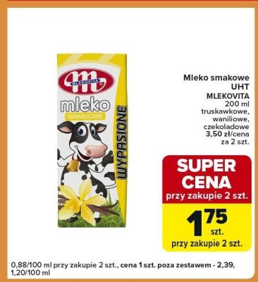 Mleko smakowe UHT MLEKOVITA truskawkowe, waniliowe, czekoladowe promocja w Carrefour Express