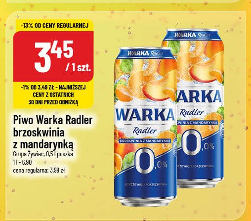 Piwo Warka radler brzoskwinia z mandarynką 0% promocja