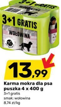 Karma mokra dla psa puszka 4 x 400 g 3+1 gratis smak wołowina Bricomarche promocja w Bricomarche