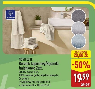 Ręcznik kąpielowy/Ręczniki łazienkowe NOVITESSE - Sztuka/ Zestaw 2 szt. 100% bawełna; grube, miękkie i puszyste; do wyboru: Kąpielowy 70 x 140 cm (1 szt.), Łazienkowe 50 x 100 cm (2 szt.) promocja w Aldi