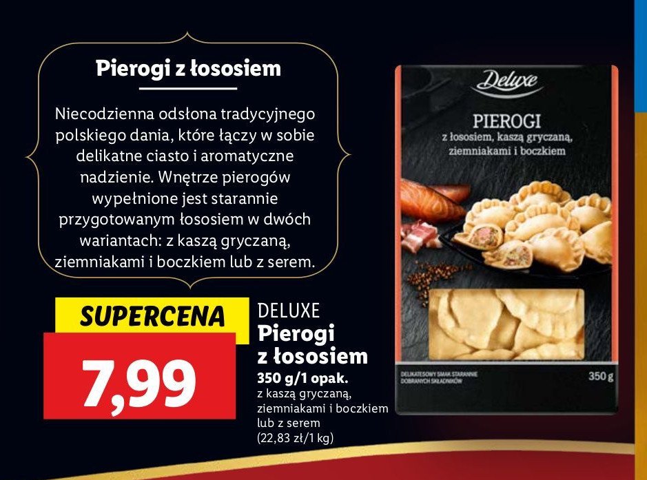 Pierogi z łososiem ziemniakami kaszą gryczaną i boczkiem wędzonym Deluxe promocja