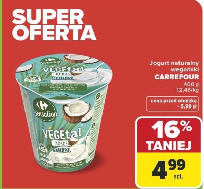 Jogurt naturalny wegański Carrefour Sensation Vegetal Kokos promocja w Carrefour Market