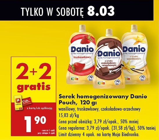 Serek truskawka saszetka Danone danio promocja w Biedronka