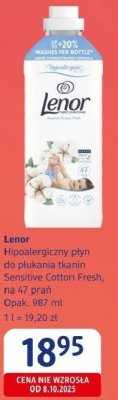 Hipoalergiczny płyn Lenor do płukania tkanin Sensitive Cotton Fresh, na 47 prań promocja w Drogerie DM