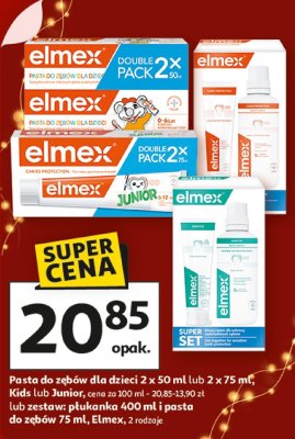 Pasta do zębów dla dzieci 2 x 50 ml lub 2 x 75 ml, Kids lub Junior lub zestaw: płukanka 400 ml i pasta do zębów 75 ml, Elmex, 2 rodzaje promocja w Auchan