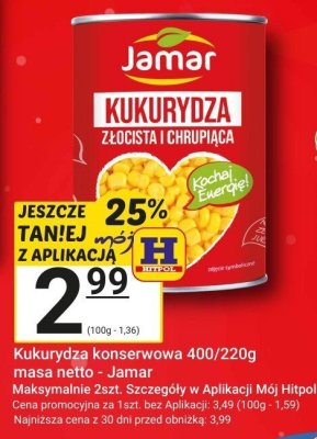 Kukurydza konserwowa 400/220g masa netto - Jamar promocja w Hitpol