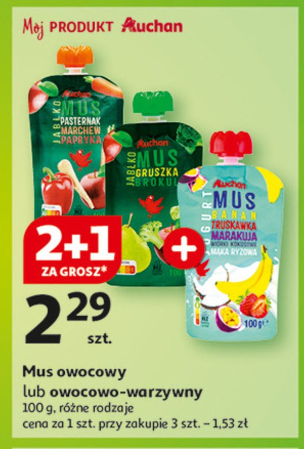 Mus jabłko pasterniak marchew papryka Auchan różnorodne (logo czerwone) promocja w Auchan