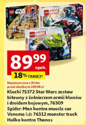 Klocki 75372 Star Wars zestaw bitewny z żołnierzem armii klonów i droidem bojowym, 76309 Spider-Man kontra muscle car Venoma lub 76312 monster truck Hulka kontra Thanos promocja w Auchan