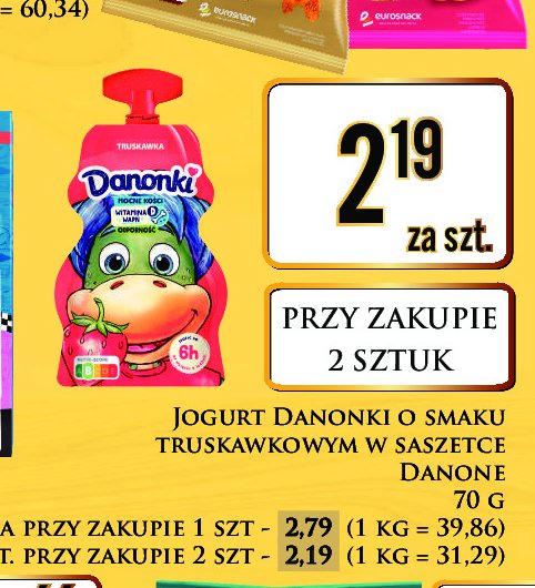 Jogurt w saszetce truskawka Danonki promocja w Dino