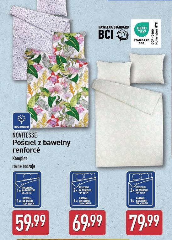 Pościel z bawełny renforce 2 x 70x80 + 160 x 200 cm Novitesse promocja w Aldi