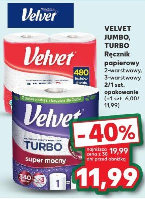 Ręcznik papierowy VELVET JUMBO, TURBO różne rodzaje 3-warstowy, 2/1 szt. promocja w Kaufland