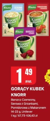 Gorący kubek Knorr barszcz czerwony, serowa z grzankami, pomidorowa z makaronem promocja w Chorten