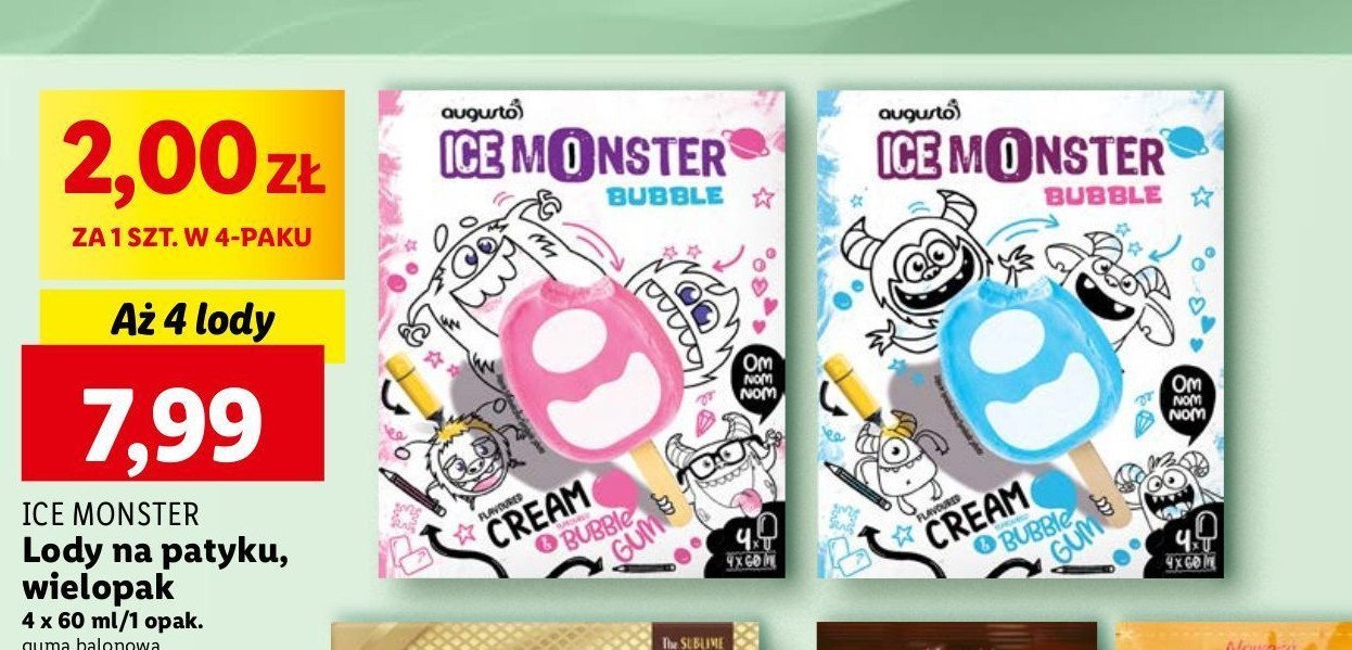 Lody bubble gum różowe Augusto ice monster promocja