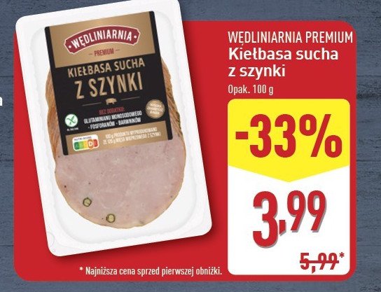 Kiełbasa sucha z szynki Wędliniarnia premium promocja w Aldi