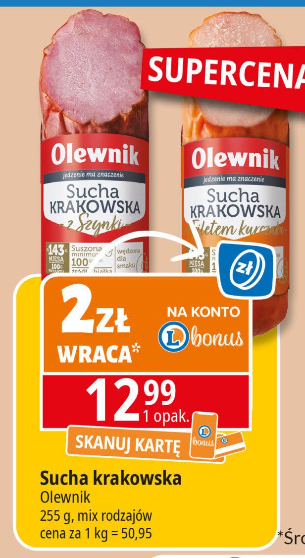 Kiełbasa krakowska sucha Olewnik promocja w Leclerc